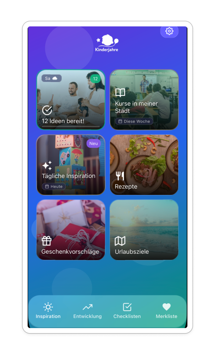Kinderjahre App – Homescreen mit Wochenendideen, Inspiration, Rezepten und mehr